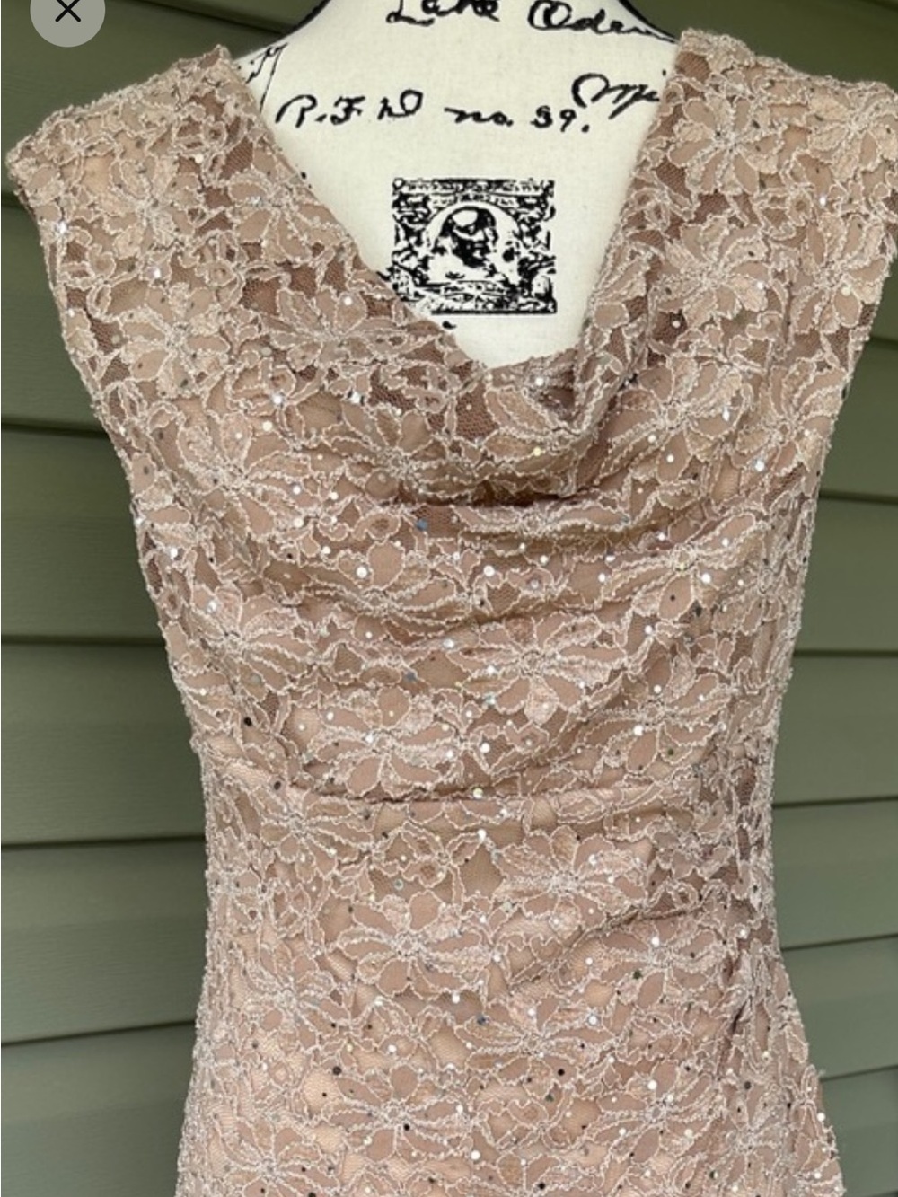 connected apparel Taupe Lace sparkly Cowl Neck Sheath Dress size 10 stretchy - Picture 2 of 13